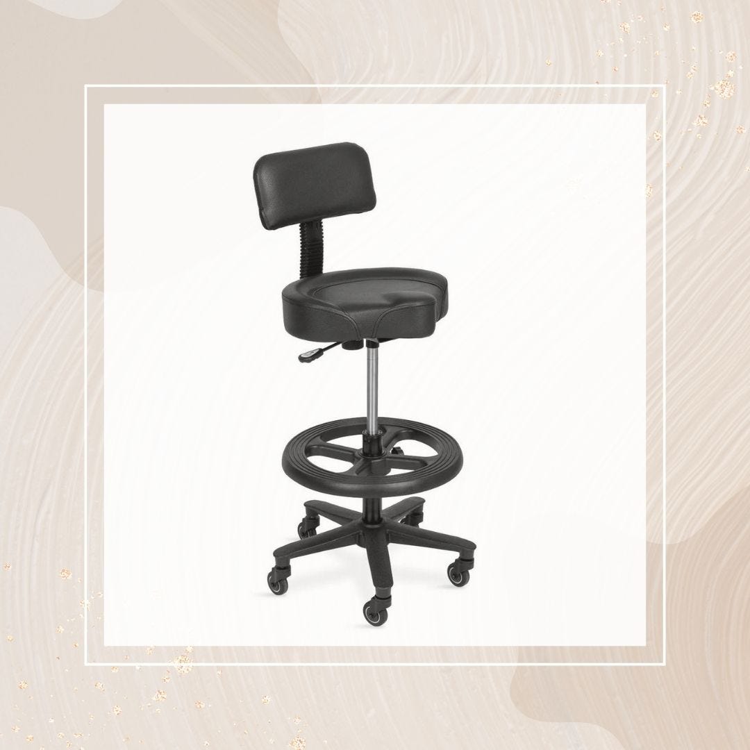 black nail technician chair with adjustable height, backrest and footrest and a wheeled base