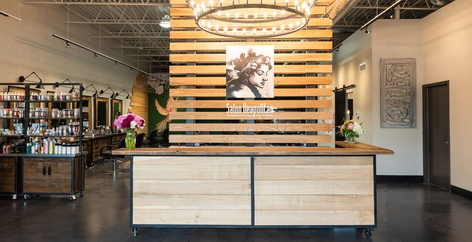 welcoming reception area with warm lighting and statement reception desk