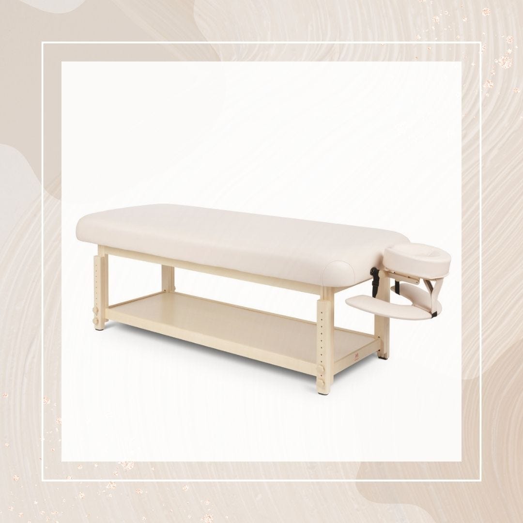 stationary esthetician bed with natural wood frame