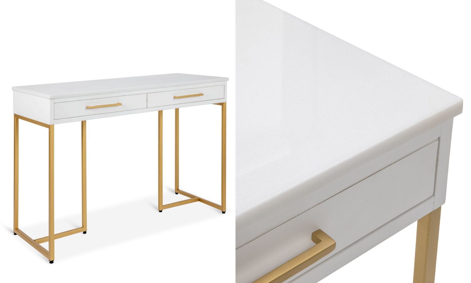 stylish white manicure table with hardwood base, quartz top, 2 drawers and steel legs with brushed gold finish