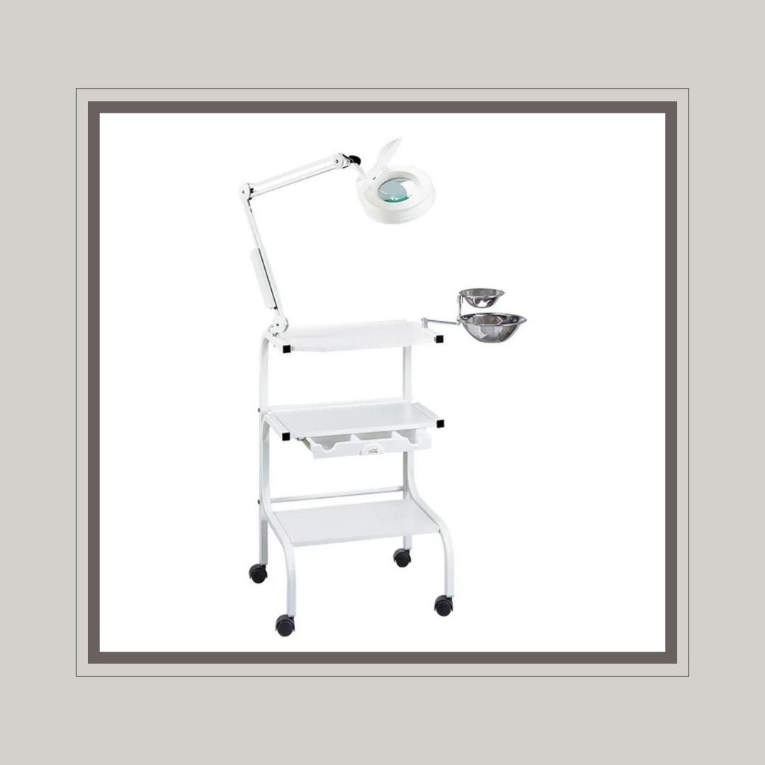 mobile facial cart with mag lamp holder, bowl holders, shelves, drawer and power strip