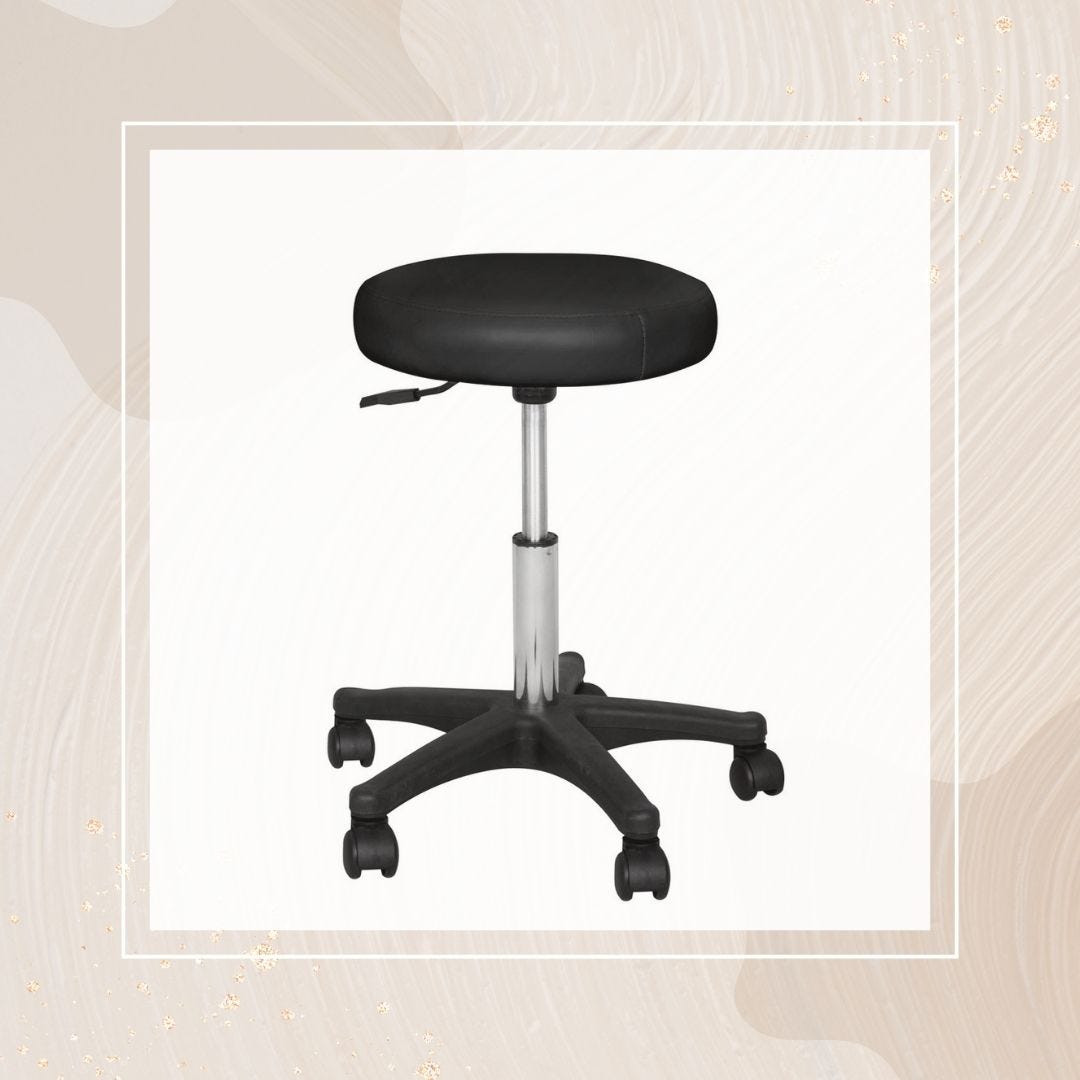 nail tech stool with cushioned round seat, height adjustment and wheeled base