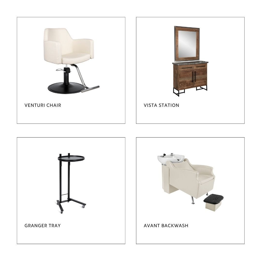 an ivory salon styling chair, natural wood styling station with mirror, black round service tray and ivory shampoo station