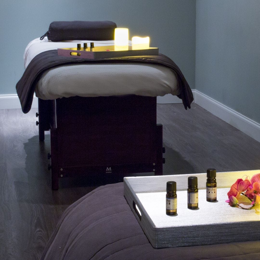 modern esthetician room with minimalist aesthetic, cool color scheme and aromatherapy