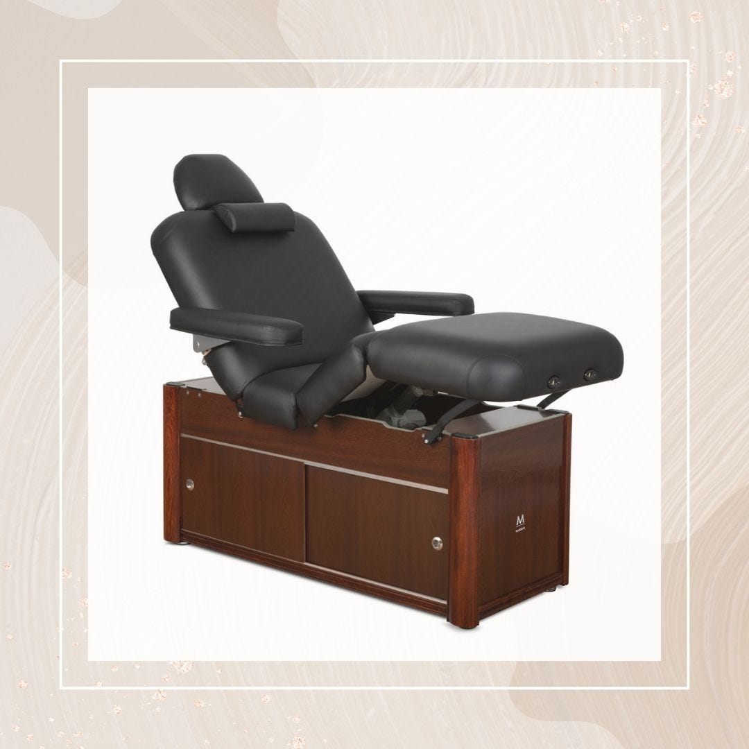 premium electric facial bed in black with cherry wood frame and built-in storage