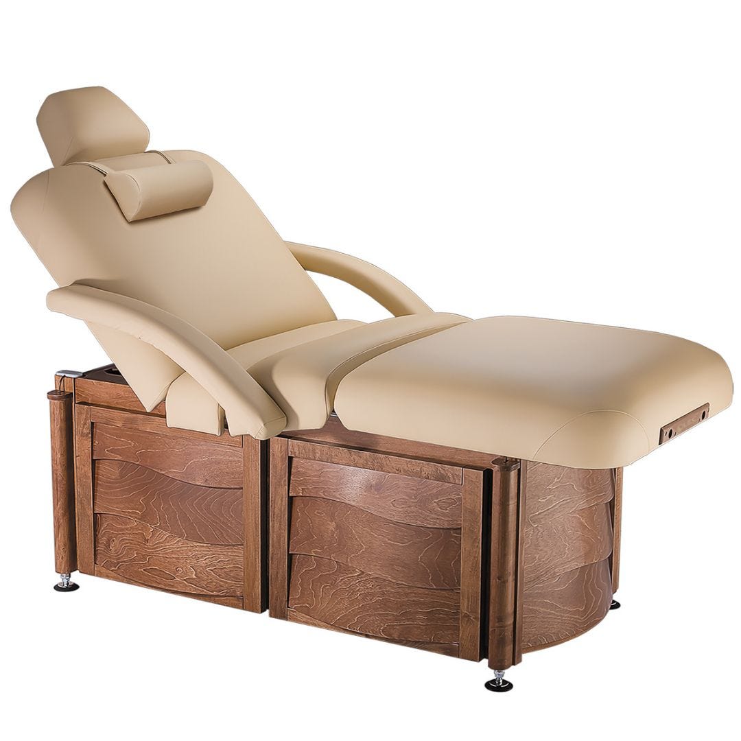 tan massage table with solid hardwood pecan stained base enhanced with waved end panels and inlay-designed cabinet doors