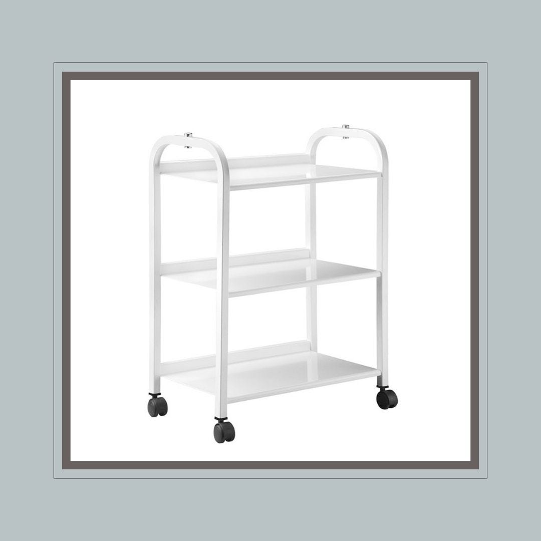 rolling esthetician skin care cart with three shelves and a power bar