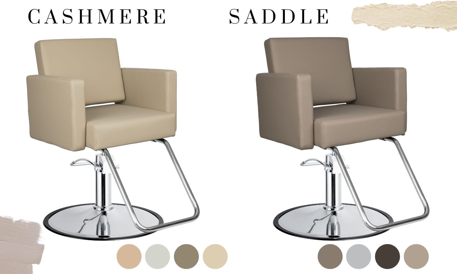 a beige salon styling chair and a taupe salon styling chair with warm and cool undertones below each image