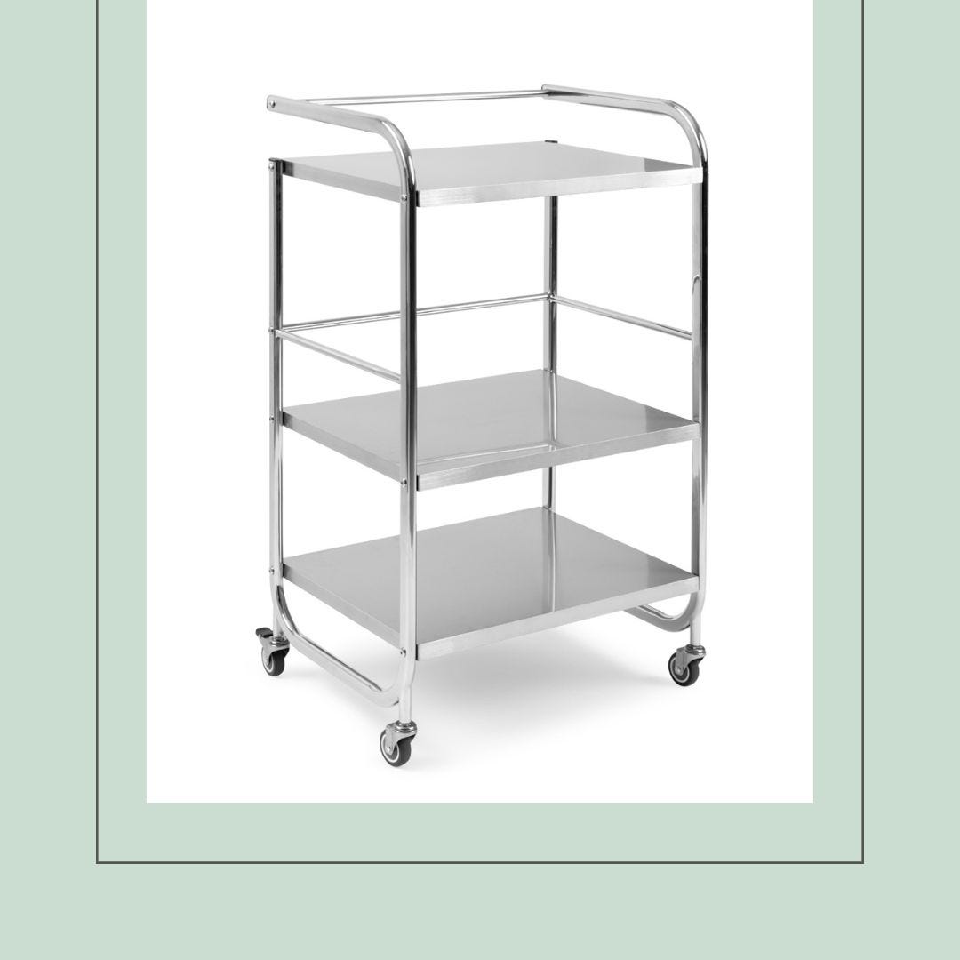 stainless steel wheeled salon cart with three large open shelves