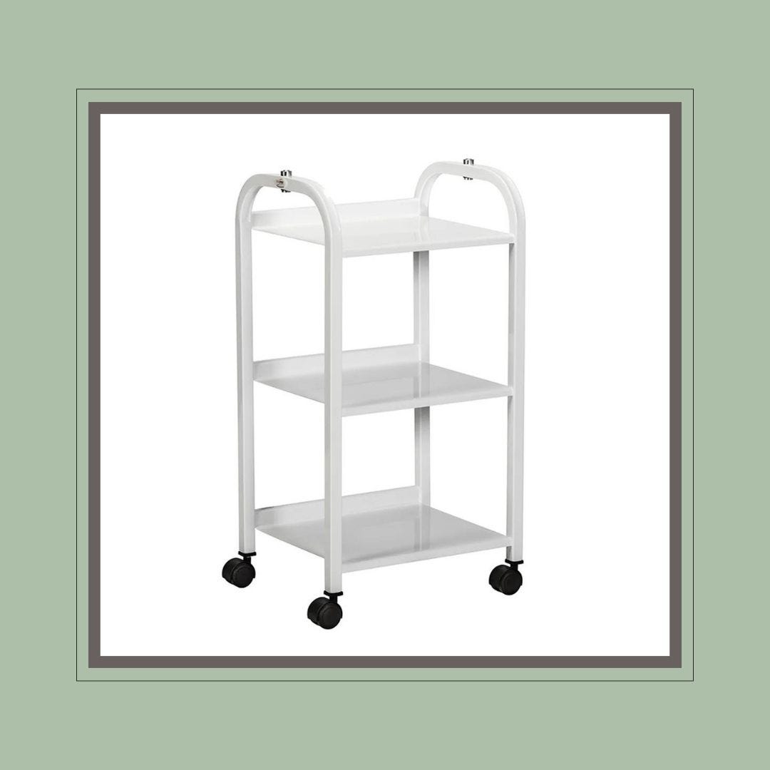 compact white spa cart with three shelves, power strip and mag lamp holders