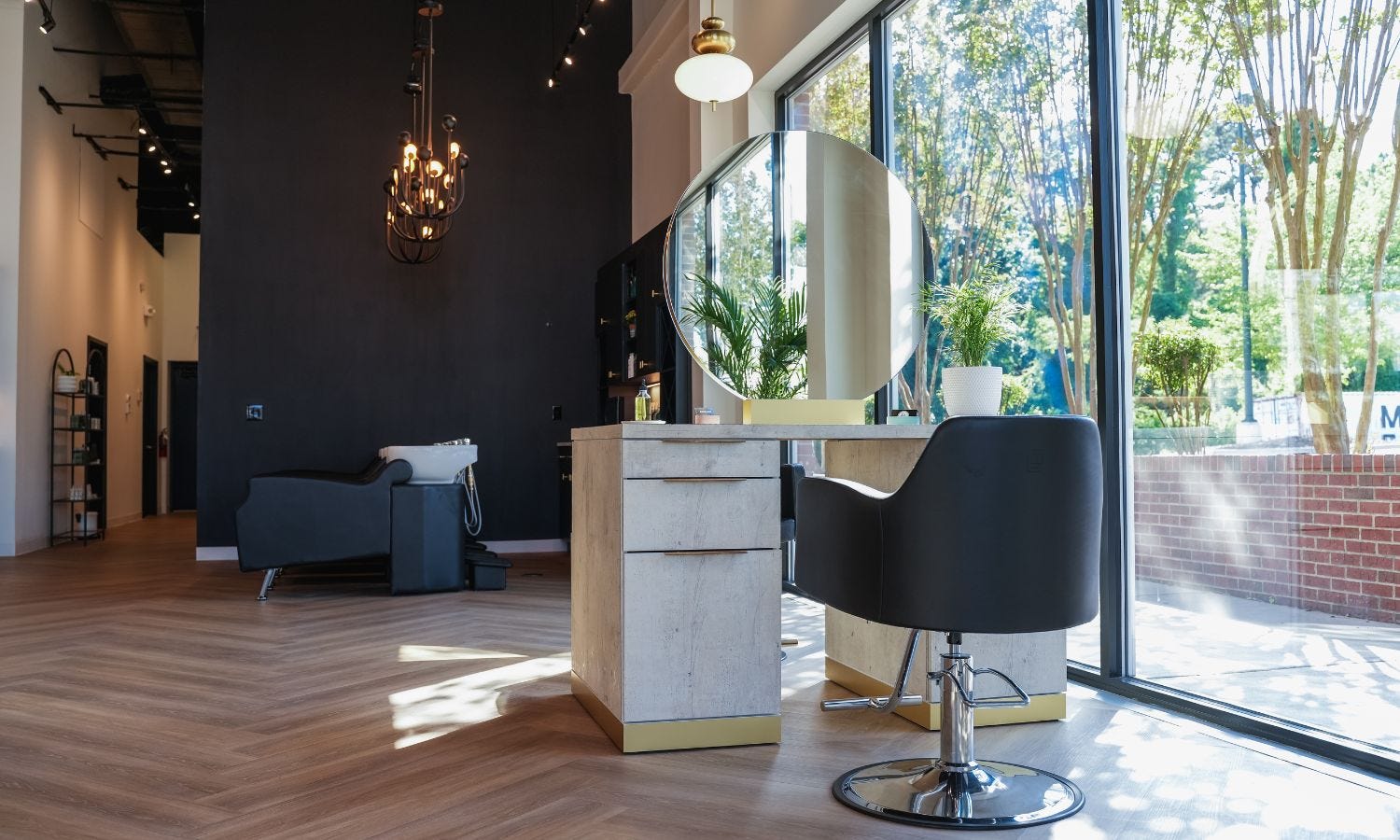 sustainable salon using LED lamps and natural lights to reduce energy consumption