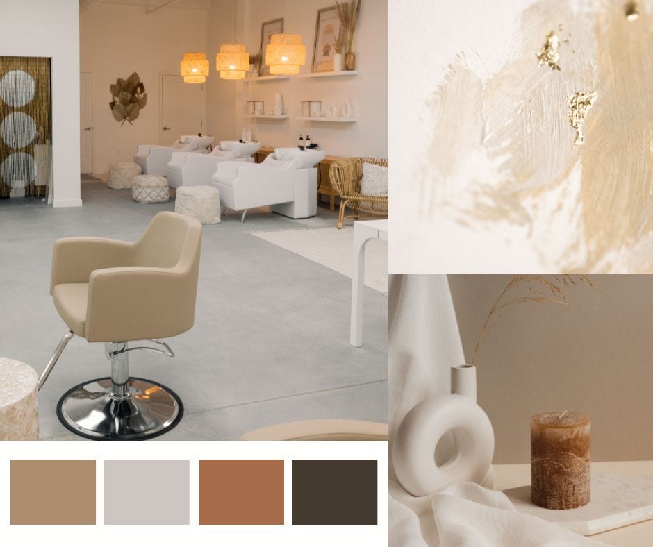 a beige salon chair in a hair salon with bohemian decor and a cement floor