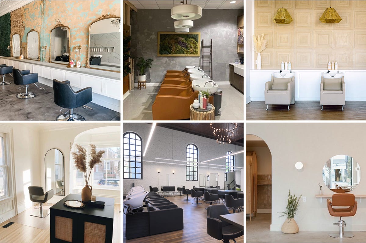 six different salon suite facility interiors in buildings of various sizes