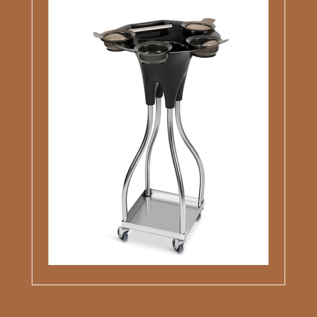 wheeled salon color cart with black plastic upper including bowls, bolw holders and open compartment and a square stainless steel shelf at the base