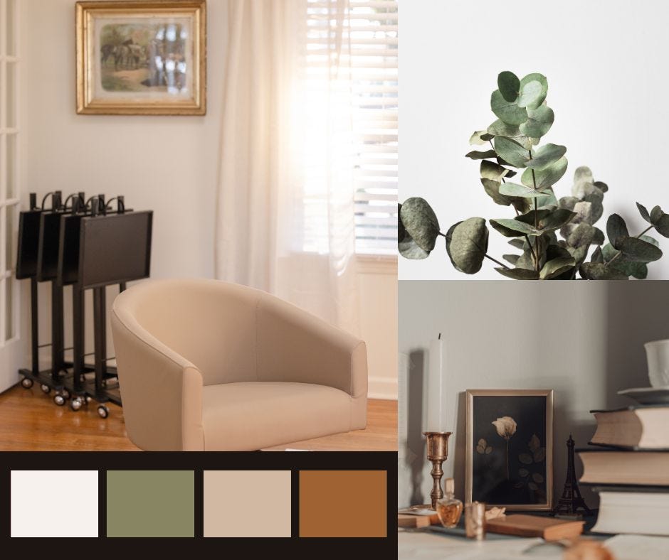 a beige salon chair in a homey hair salon with transparent ivory curtains and natural hardwood flooring