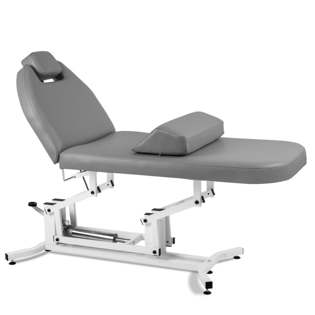 metal frame hydraulic height adjustable massage table with manually adjusted tilt back and removable headrest