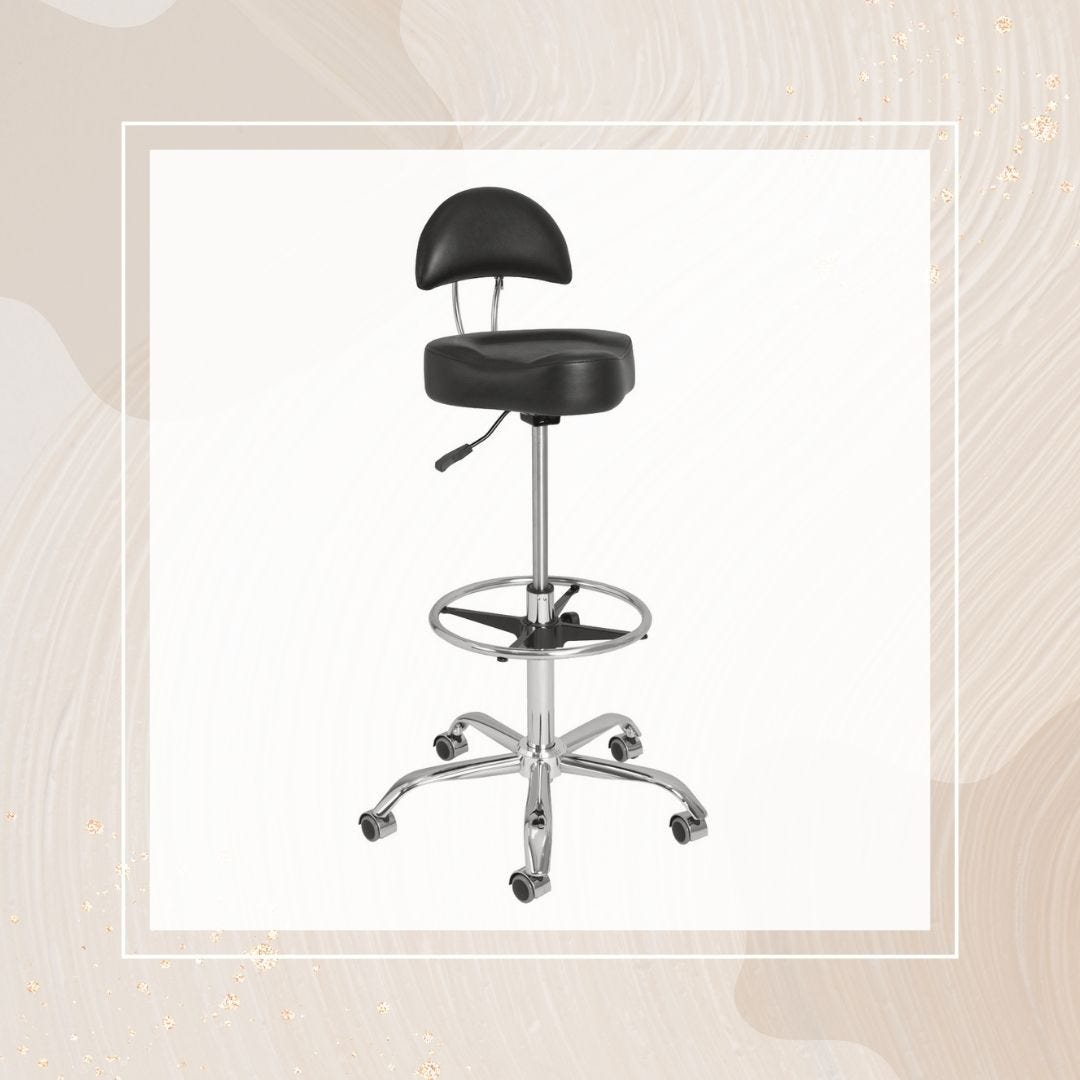 extra-high cutting stool for hair salon with crescent shaped backrest, bicycle seat and adjustable footrest