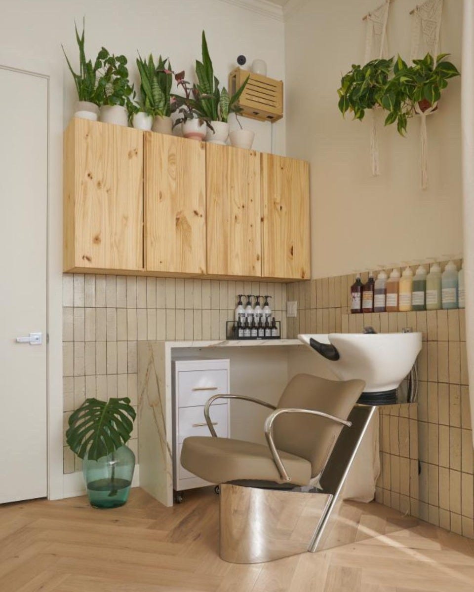 low budget salon interior design with hanging and potted plants in shampoo area