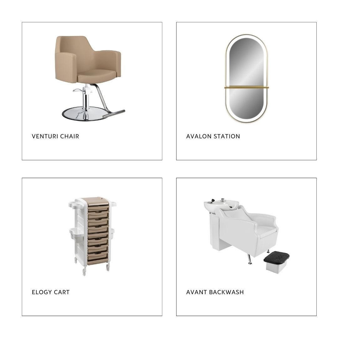 a beige salon chair, oval mirrored styling station with shelf, white and beige color cart, and all white shampoo backwash system with ottoman