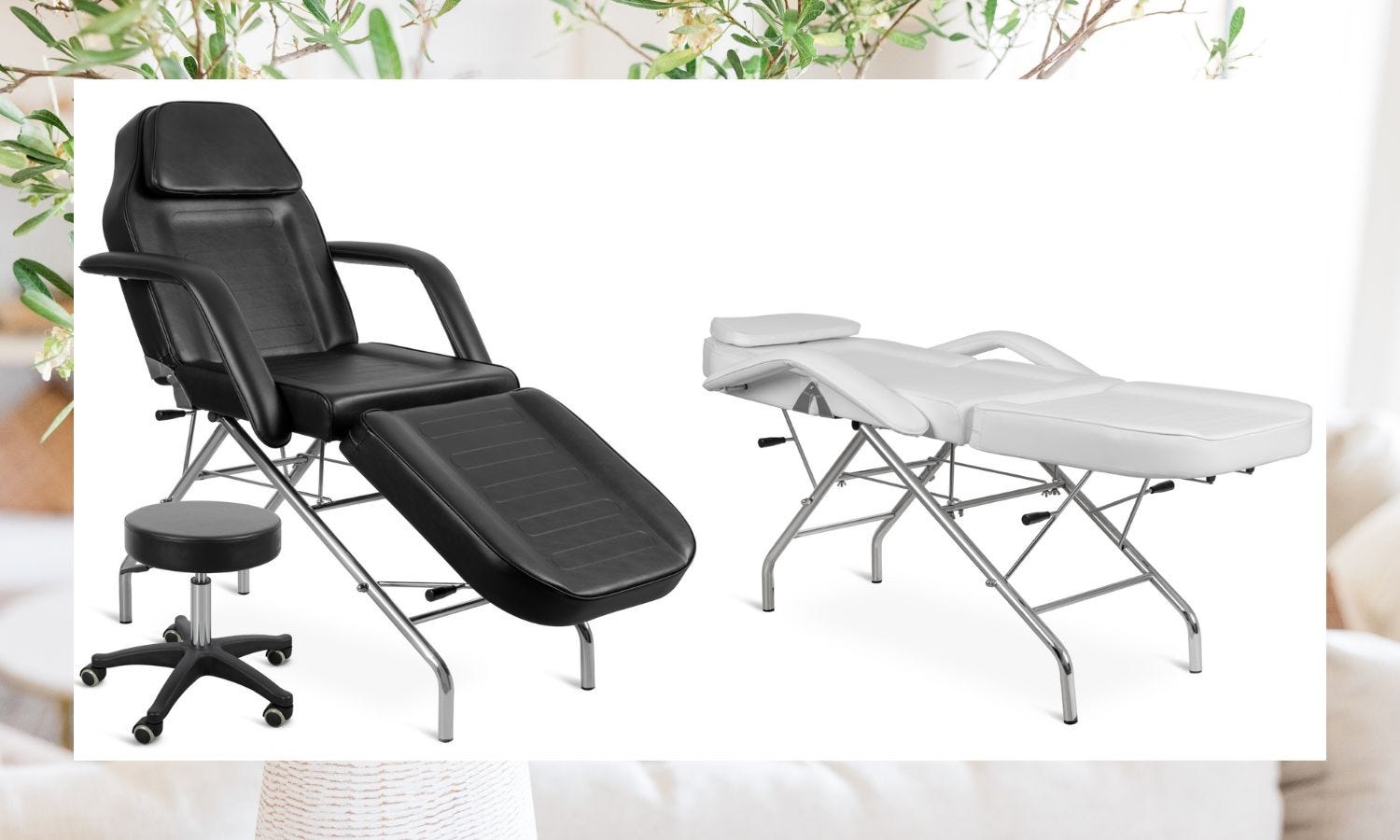 facial bed/chair in black or white vinyl with matching esthetician stool