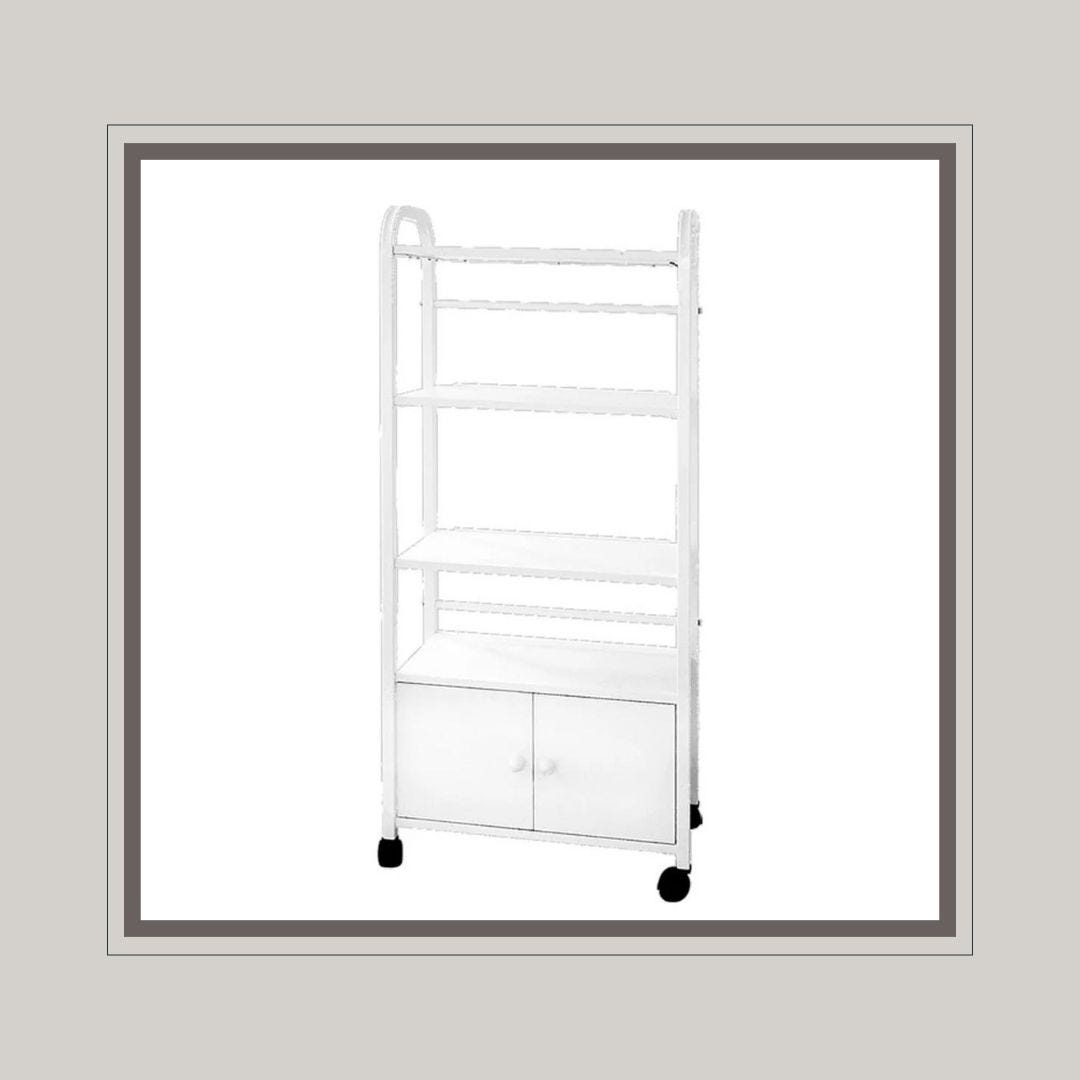 tall spa storage cart with four shelves, bottom cabinet and wheels