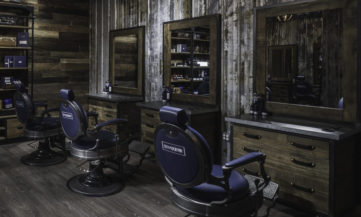 barber equipment package with three barber chairs, three barber stations and shelving unit