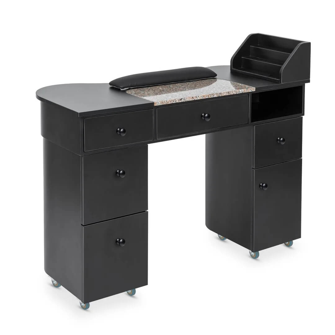 glamorous manicure table with black laminate body, granite work surface, drawers, shelving and wrist rest