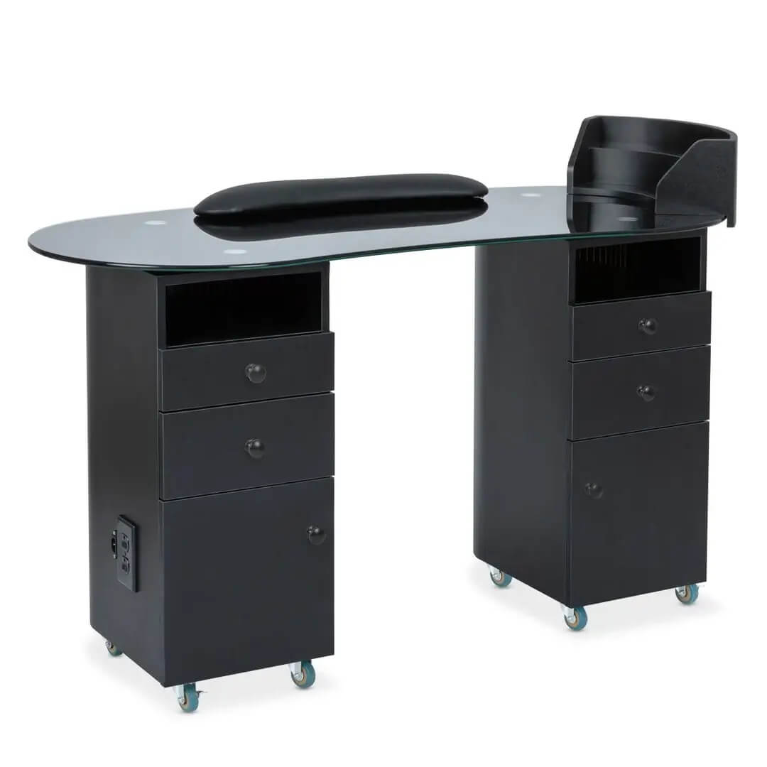 minimalist mobile black manicure table with black laminate body, wheels, storage drawers and cabinets, curved glass top and wrist rest