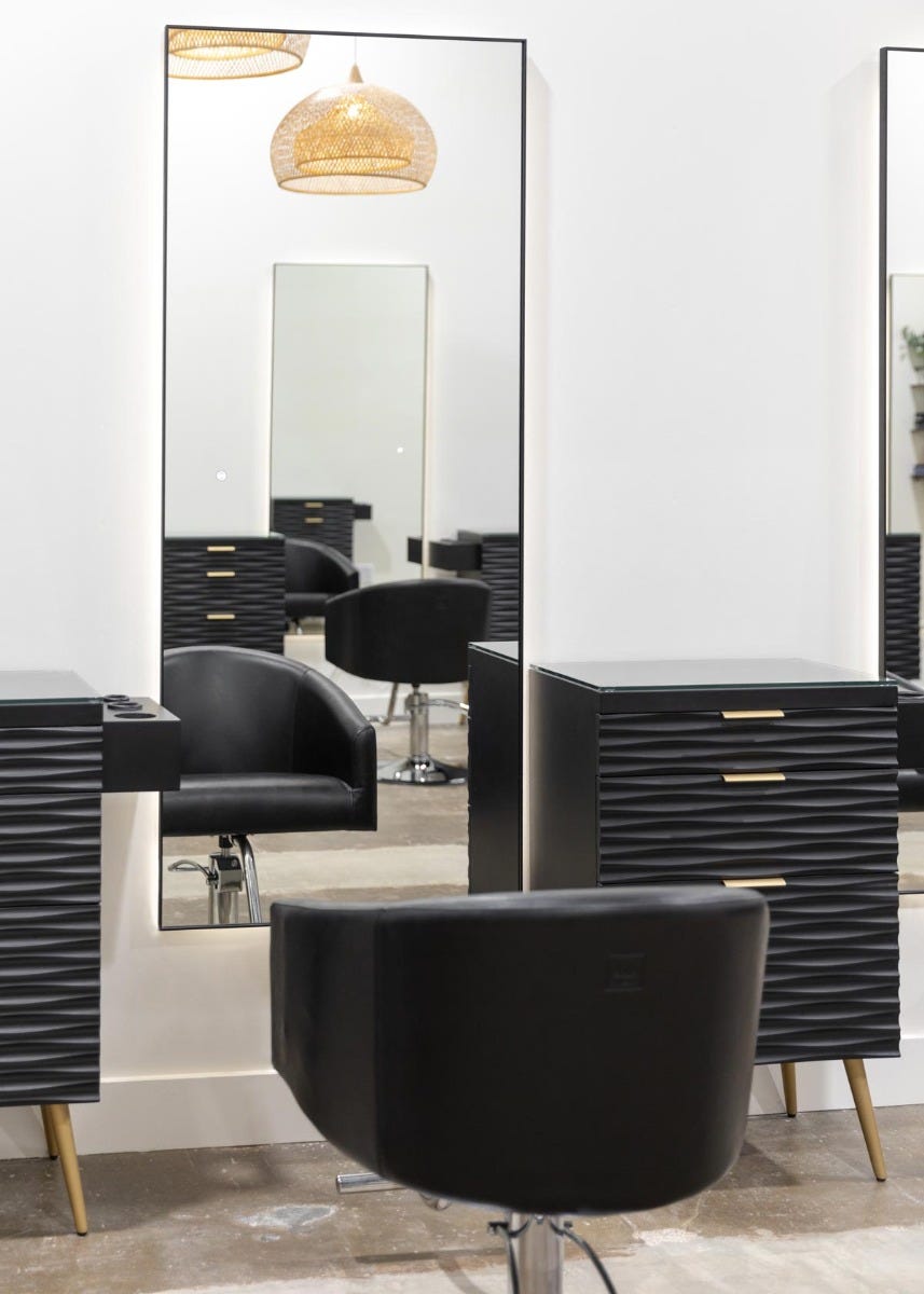 Radiant Salon & Boutique hair styling area with Akamu styling station, Cinque styling chair and Callisto backlit LED mirror