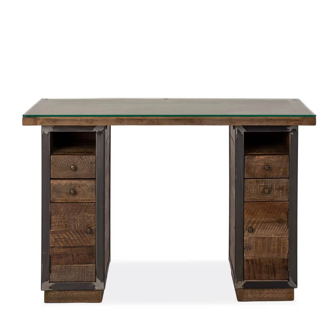 rustic or industrial style manicure table made from eco-friendly reclaimed wood with drawers and storage cabinets