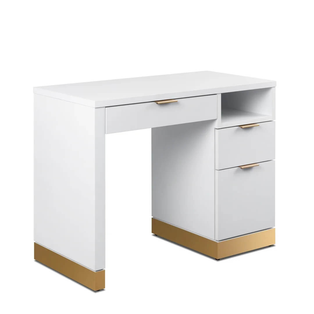 nail desk for salon or spa with matte white laminate body, brushed gold accents and customizable design