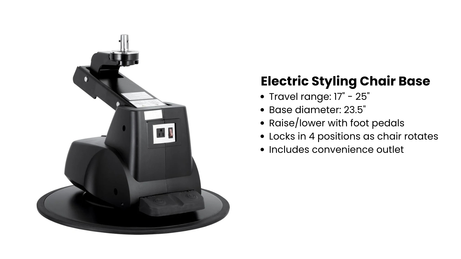 electric salon styling chair base in black with foot pedals and accessory outlet