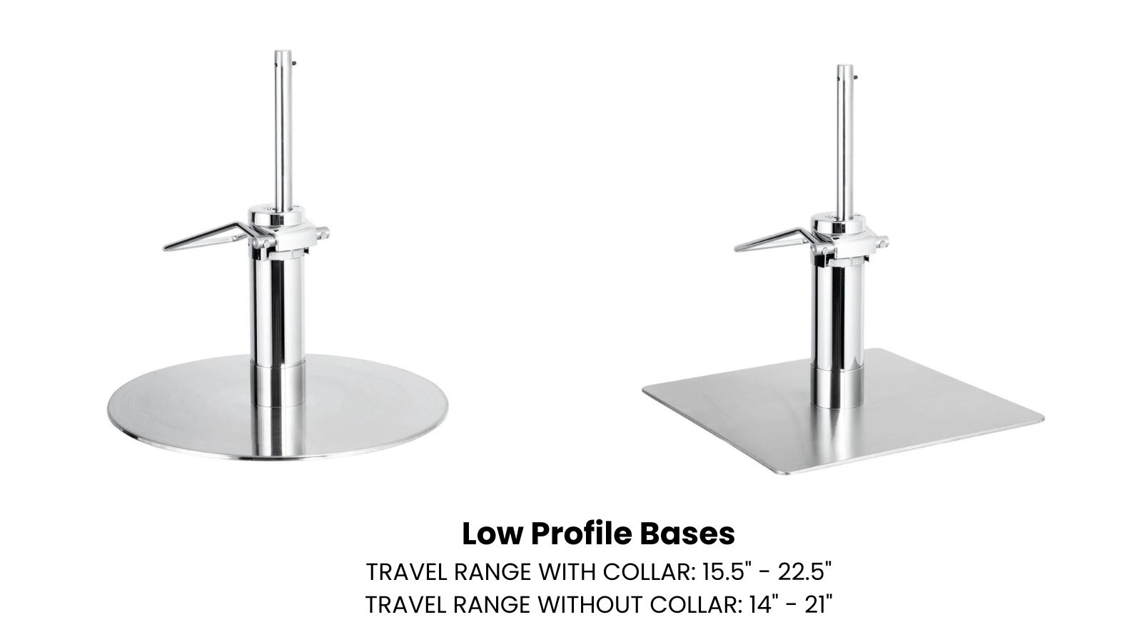 square and round low-profile salon styling chair bases with chrome finish