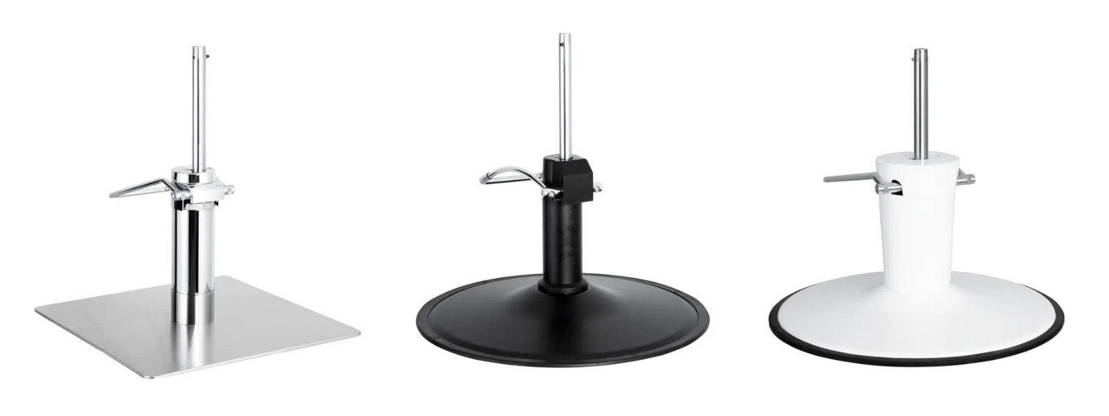 three different types of salon styling chair hydraulic bases